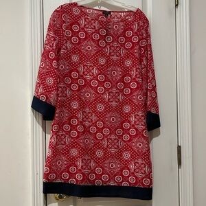 Talbots Small Tunic Top Women's Sheer Red Blue Printed Boat Neck 3/4 Sleeve